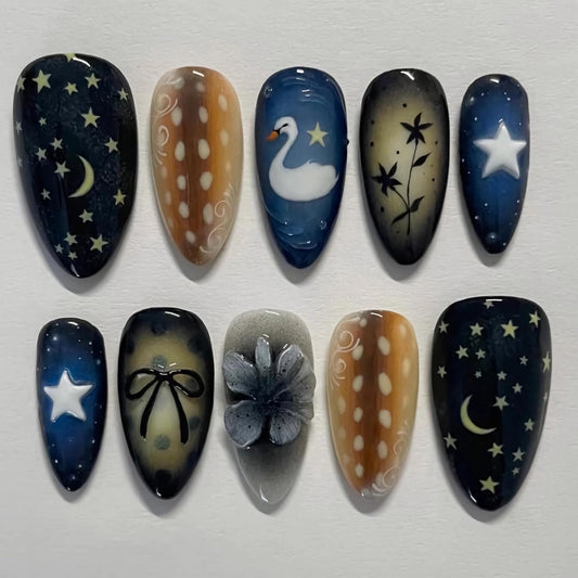 BABALAL Press on Nails Medium Almond Fake Nails Black Blue Glue on Gothic Swan Bow Anime Print False Acrylic Nails Cute 24Pcs Custom Stiletto Full Cover for Women Girls