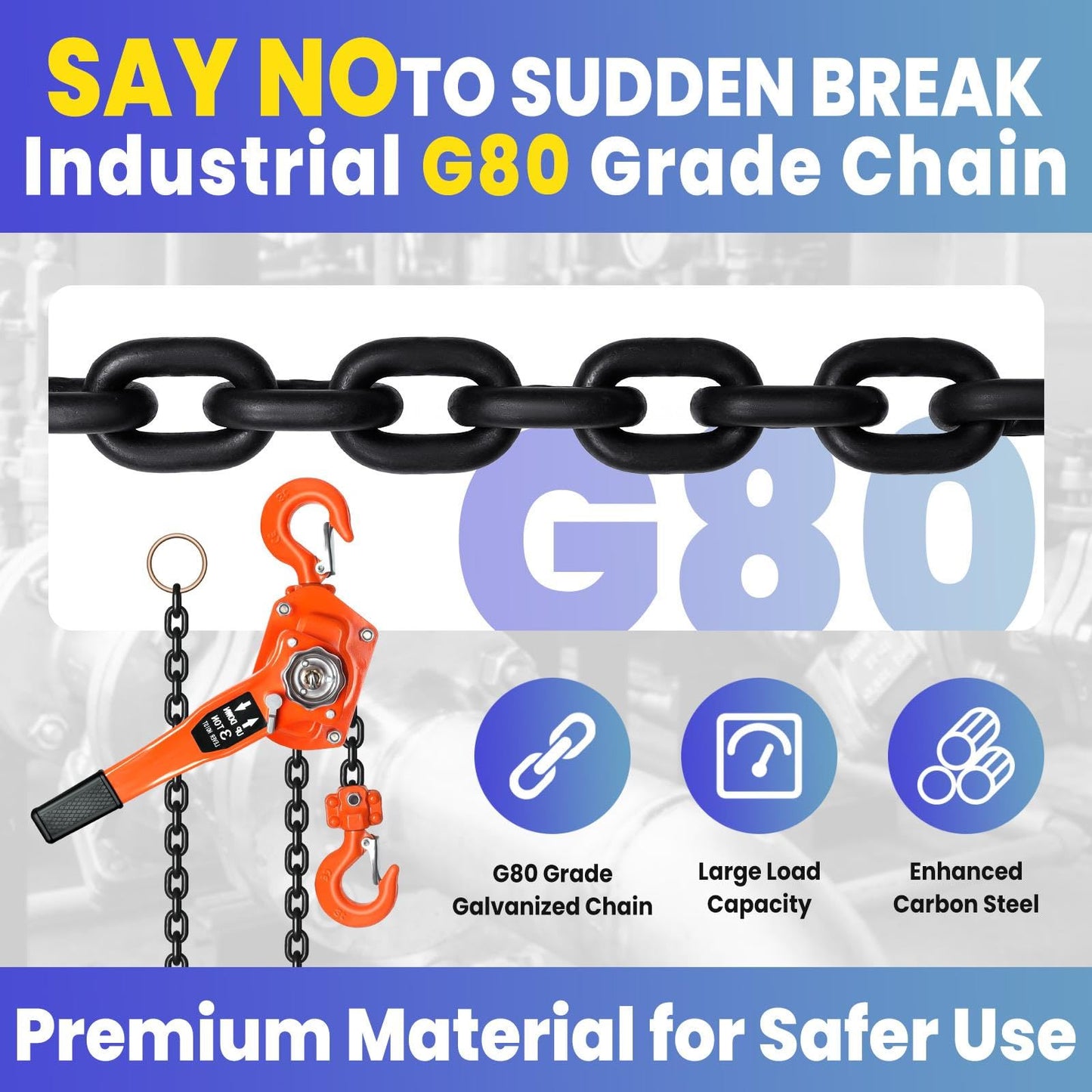 Heavy Duty Chain Hoist, 6600lbs Capacity Come Along Tool, Hand Chain Hoist with Dual Pawl Brake for Warehouse, Factory & Construction (3Ton10FT)