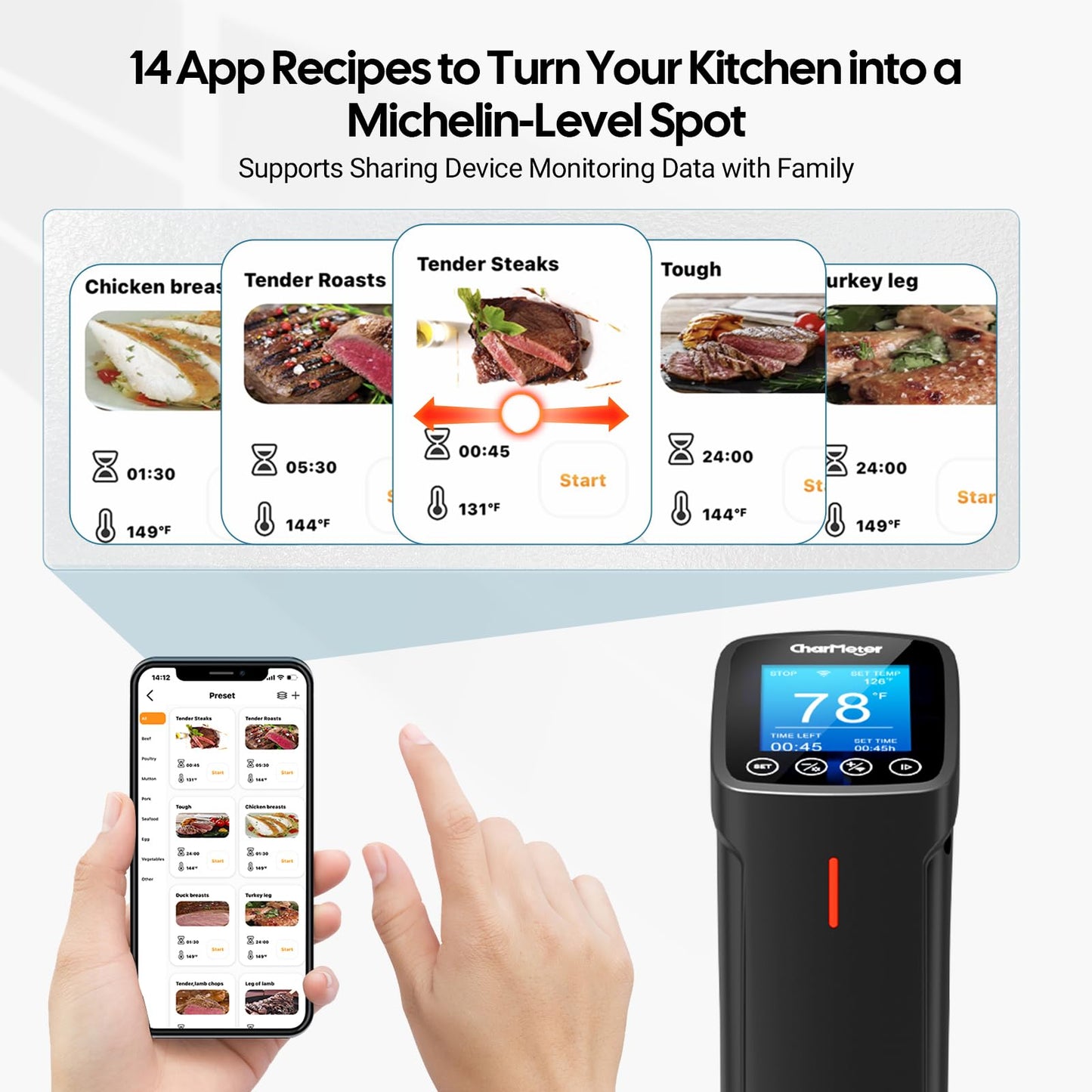 CharMeter Wifi Sous Vide Cooker 1000W, Ultra Quiet Immersion Circulator with Water Level Alarm, App Control with 14 Preset Recipes, Calibration & Timer Function,Fast/Stable Heating with Shared Control