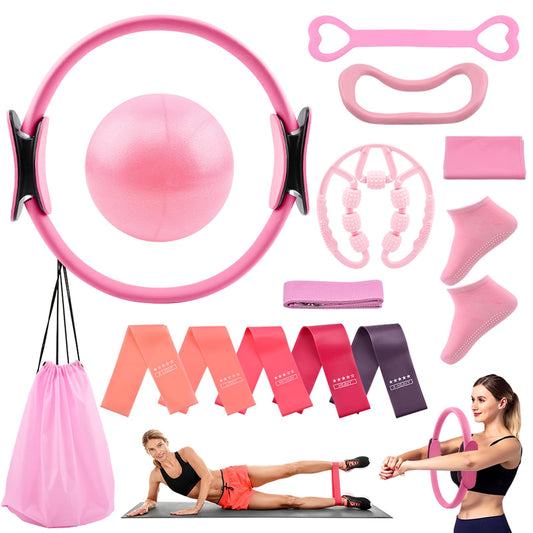 Yonderfume Pilates Essentials Kit for Women, 14 Pcs Home Workout Equipment with Pilates Circle Ball Ring Set Resistance Bands and Anti Slip Sock, Yoga Pilate Essentials Accessories(Color:Pink)
