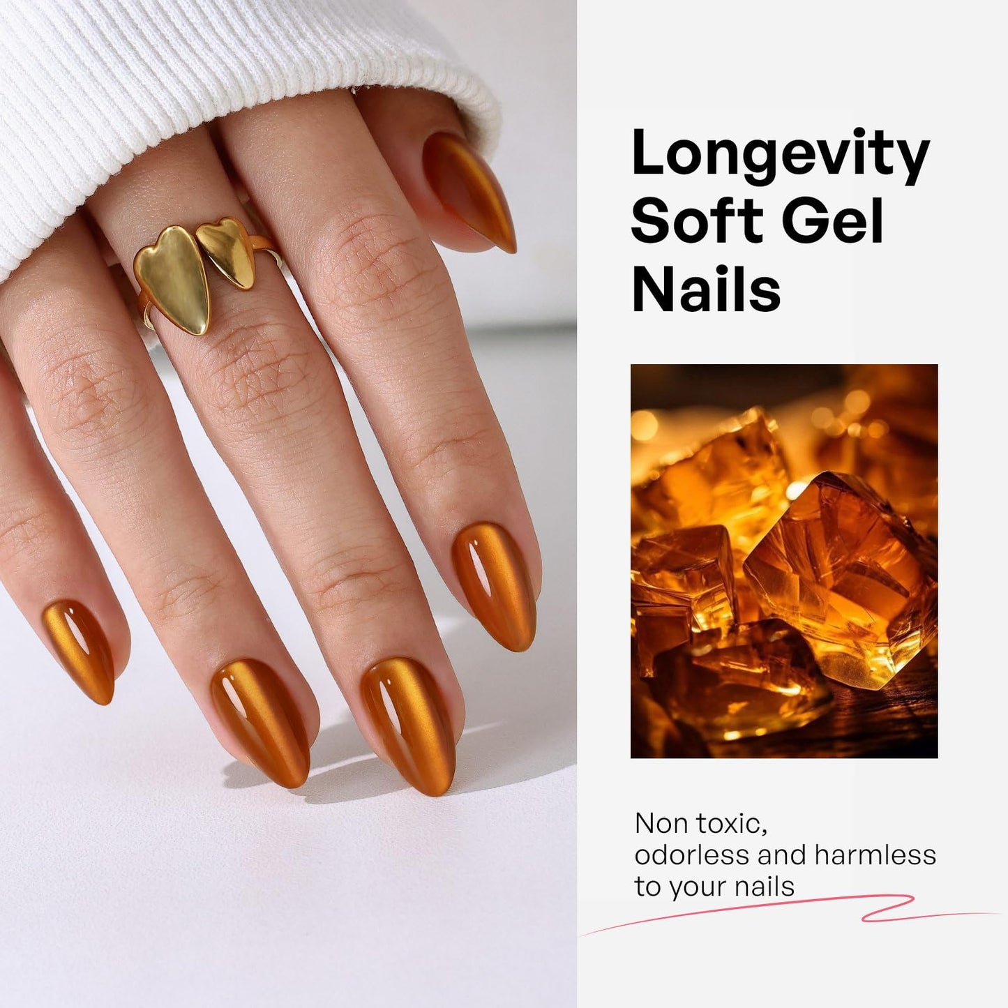 Orange Press On Nails Short Almond - GJZEZ Soft Gel Amber Cat Eye Nails Press Ons Fall Thanksgiving, Salon Quality Magnetic Cateye Glass Glue On Nails | 16 Sizes - 32 pcs Reusable Nail, Maple Syrup