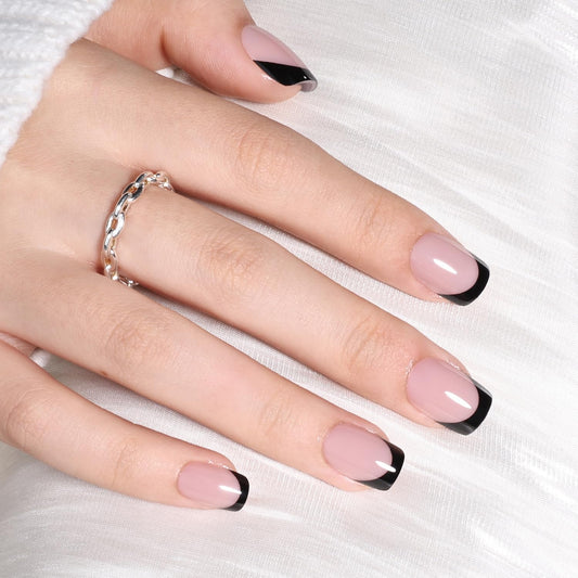 Black French Tip Press On Nails - Black Short Square Fake Nails, French Tip Press On Nails Reusable Stick On Nails in 15 Sizes, 30pcs False Nail Kit for Women & Girls(Bare Eclipse)