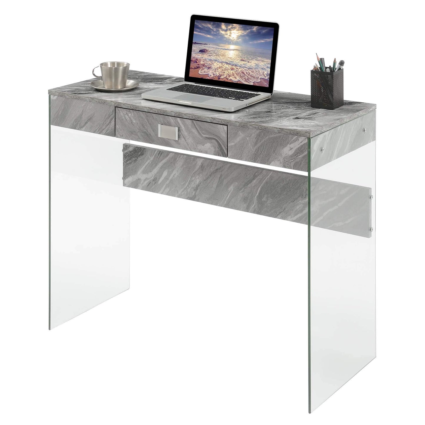 Convenience Concepts SoHo 1 Drawer Glass 36 inch Desk, Gray Faux Marble/Glass