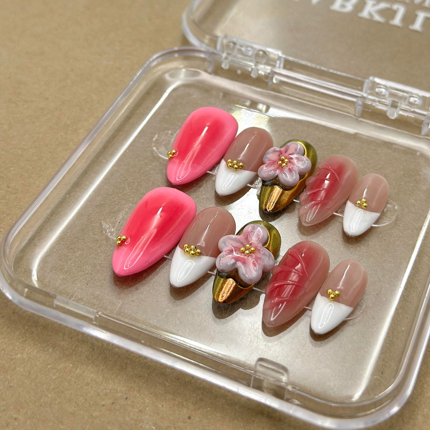Luxury Press on Nails Medium Almond Handmade 3D Unique Reusable ABS Material Fake Nails White French Tip False Nails with Designs Pink Flower Art Petal Glossy Glue on Nails Thick Acrylic Nails(S)