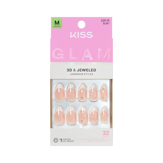 Kiss Glam, Press On Nails, Nail glue included, 'Serendipity Awaits', White, Medium Size, Almond Shape, Includes 32 Nails, 2g Glue, 1 Manicure Stick, 1 Mini File