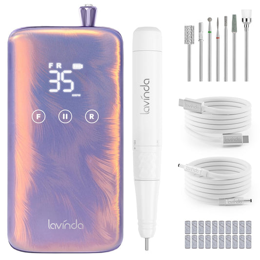Lavinda Professional Nail Drill – 35,000 RPM Rechargeable Electric File, Iridescent Pearl Finish with Seamless Touch Screen, Cordless, Fast-Charging 3000mAh Battery & 8-Piece Bit Set for Salon