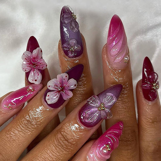 Flower Press on Nails Medium Almond 3D Stereoscopic Floral With Pearl Design Coffin Acrylic Full Cover Artificial Nails for Women