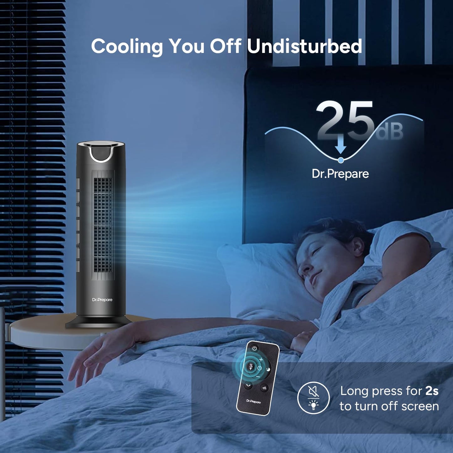 DR.PREPARE Tower Fan for Bedroom, 25 dB Quiet DC Bladeless Fan with Remote, 8 Speeds, 1-8H Timer, 80° Oscillating Fans for Indoors, 16 Inch Portable Desk Table Fans for Room, Home, Office