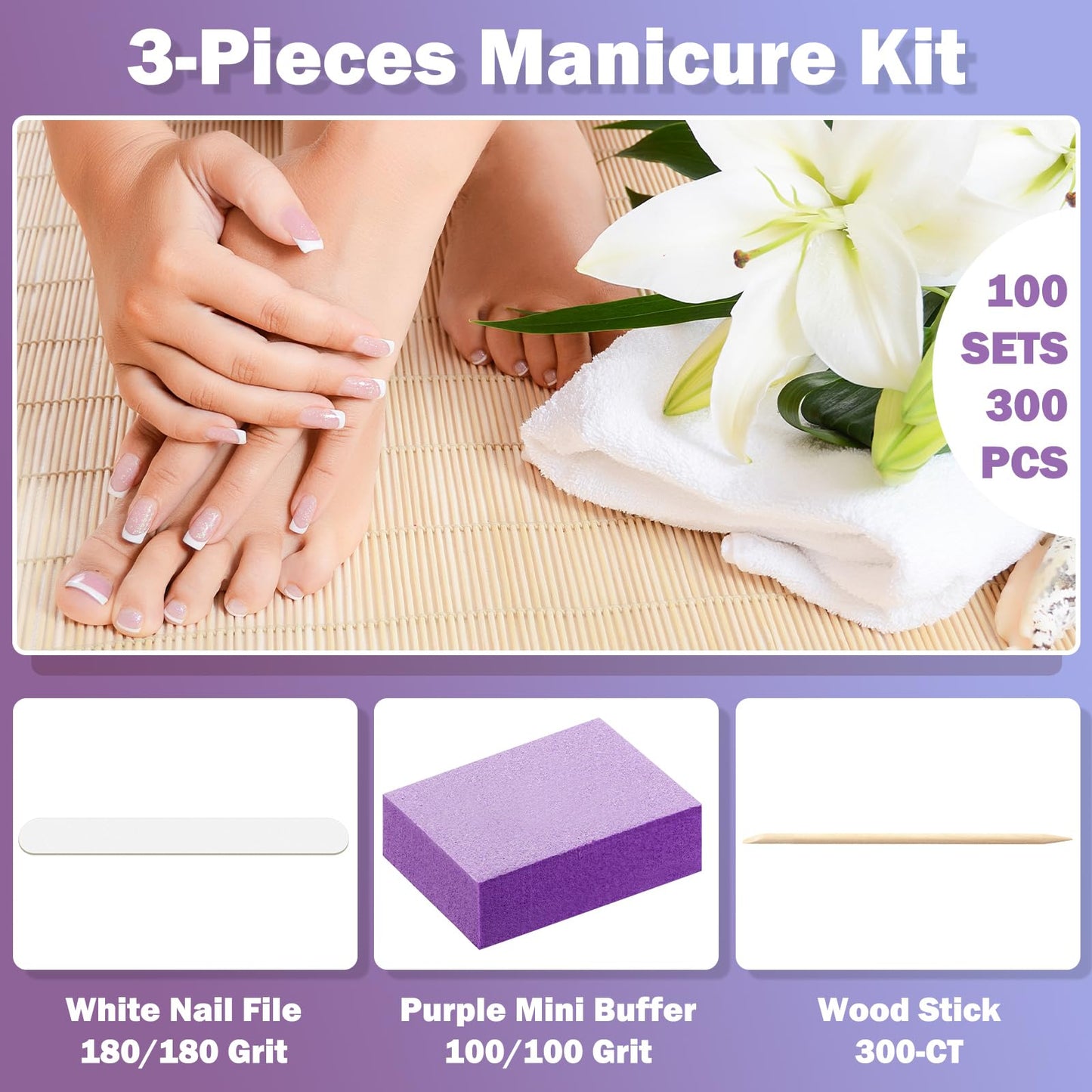 Leelosp 120 Sets Disposable Manicure Kit Basics 3 Pieces Nail Kit, White Wood Nail File 180/180 Grit, Purple Mini Buffer 100/100 Grit, Individually Packed Mini Pedicure Set for Fingernails Toenails