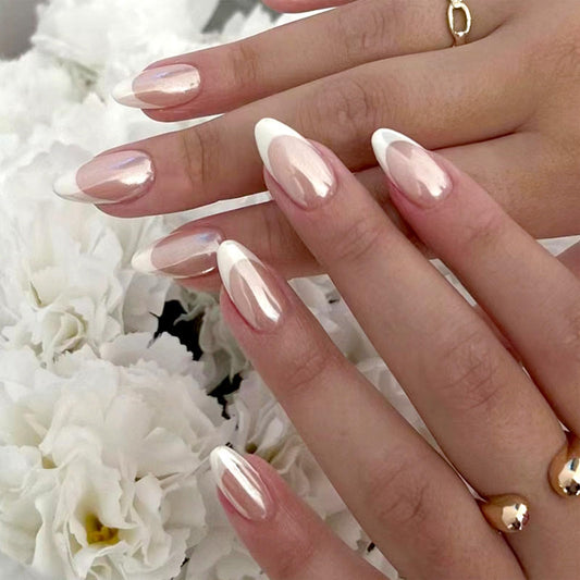 FJSMTOPl French Tip Press on Nails - Almond Fake Nails - with Designs Chrome False Nails Press ons - Medium Acrylic Glue on Nails Cute Artificial Stick on Nail for Women Manicure 24pcs