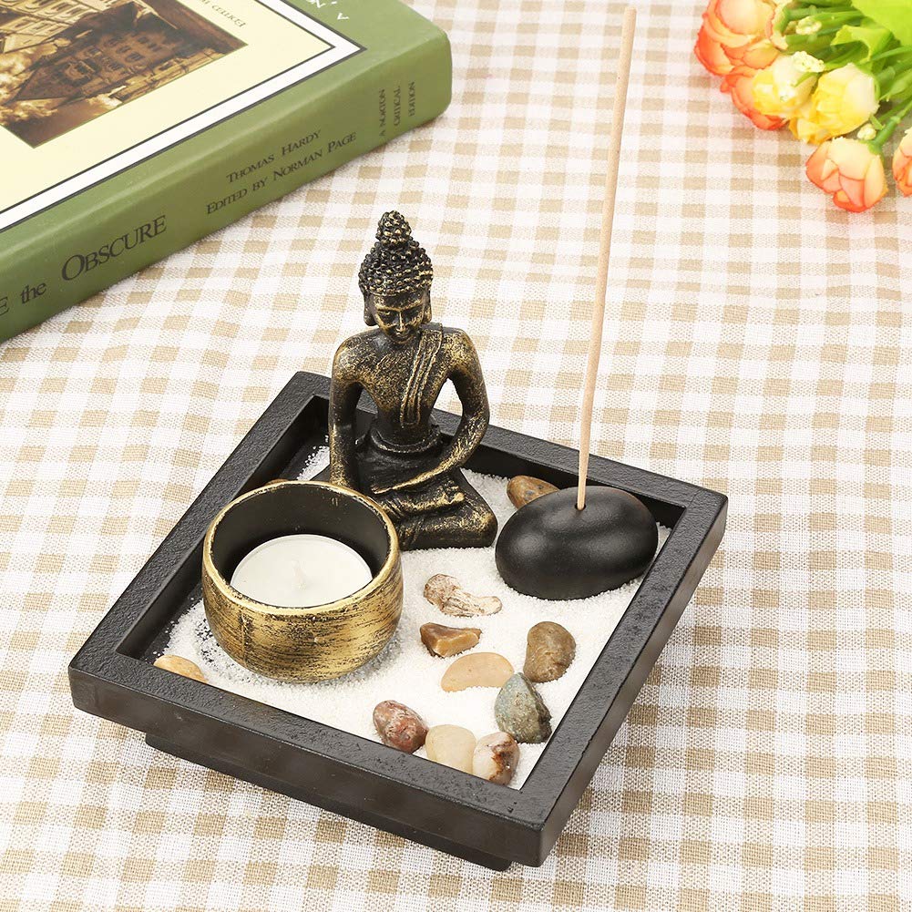 Desktop Zen Garden Kit, Mini Buddha Statue Tealight Candle Holder Ornament for Yoga Meditation Home Table Decor Gift