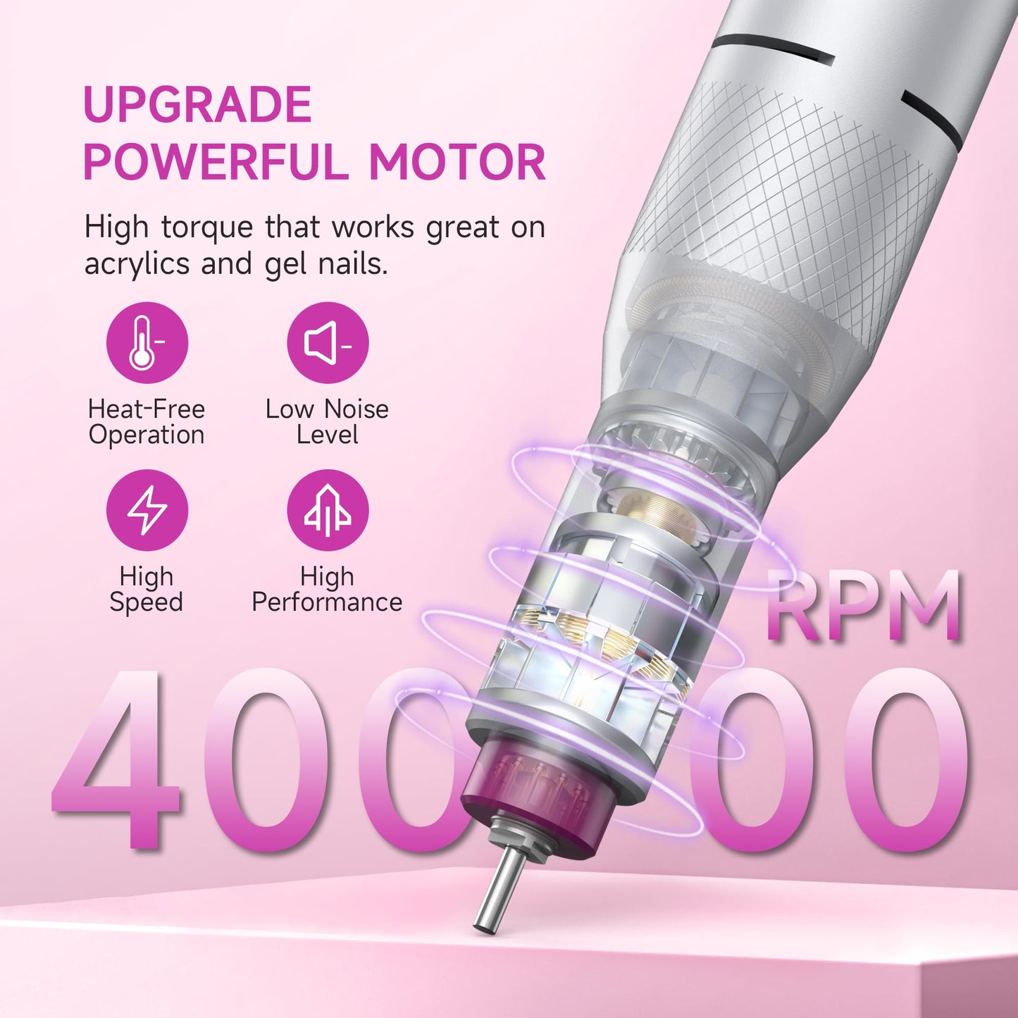 Electric Nail Drill Professional, Portable Nail File for Acrylic Gel Nails, Cordless Rechargeable Ultra Power Nail Drill Kit 40000RPM, HMC320 Salon-Grade Efile Nail Machine (White)