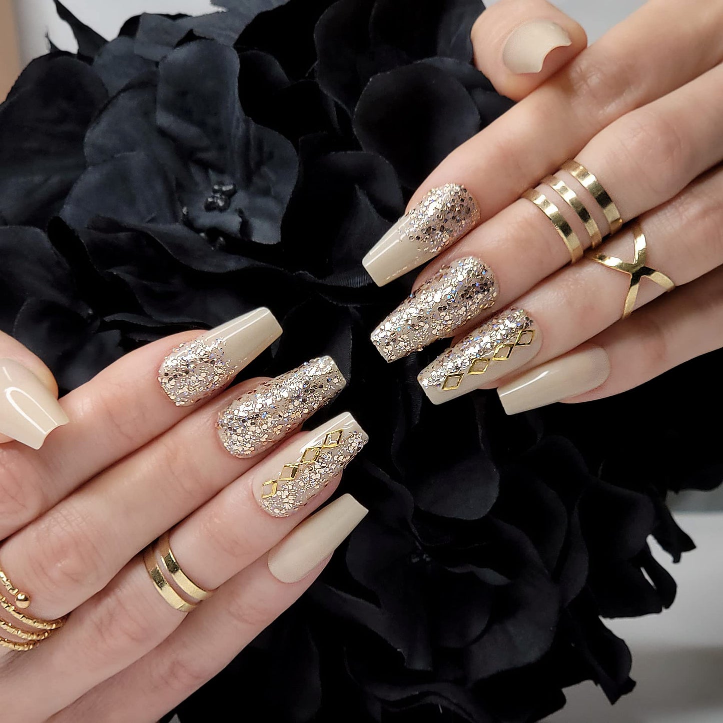 Hypnaughty Press On Nails - Vegas Gold and Nude Luxury Design with Ombre Glitter & Noir Black Matte Luxury Coffin, Trendy & Salon Quality Reusable Nails With Kit