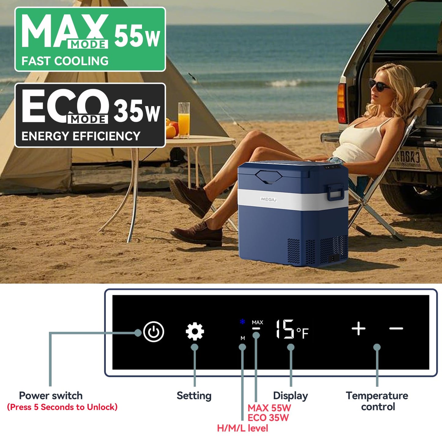 Megiu Car Fridge Portable 12V Refrigerator 40 Quart 12 Volt Freezer Compressor Cooler 12V/24V DC 110～240 V AC for Truck Van RV Camper SUV and Home Use (HC-38P5s)