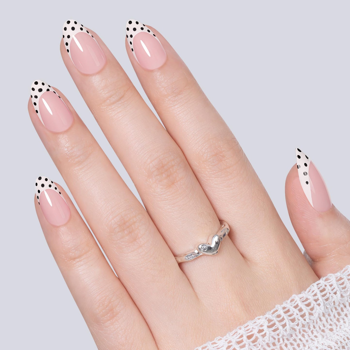 UNA GELLA 32Pcs Soft Gel Press on Nails - 16 Sizes Polka Dot French Tip Almond Glue on Nails, Reusable Nude False Nails with Black Dots, Full Cover Acrylic Nail Kit for Women DIY Home Manicure