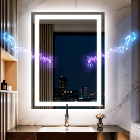 Olyvren 24"x32" LED Bathroom Mirror with Lights,Bluetooth Dual Speaker,Anti-Fog,3 Color Temperature,Dimmable Brightness,Memory Function,Waterproof,Wall Mount Design,Tempered Glass
