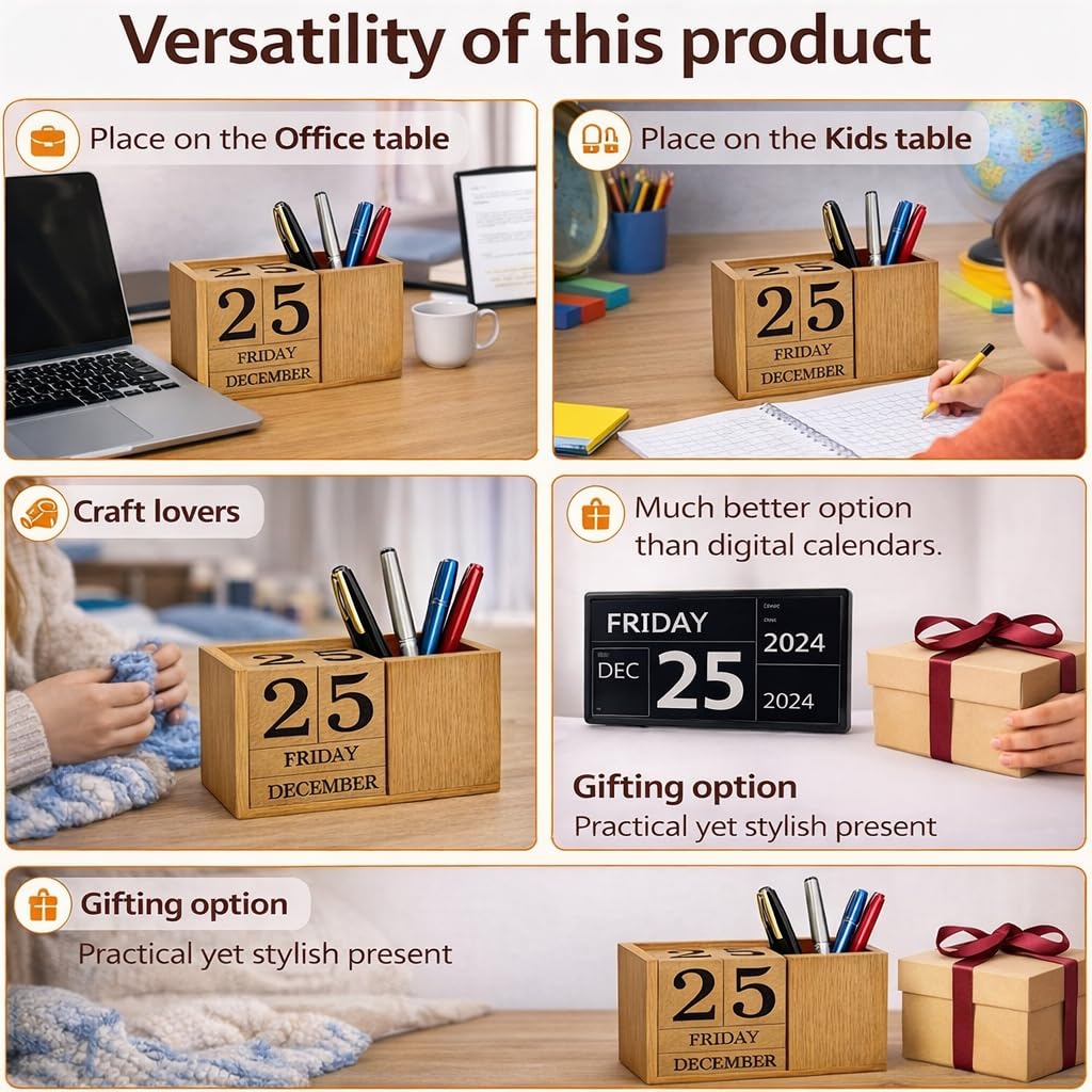 Frescorr - Calendar Block - Wooden Perpetual Desk Calendar - Home and Office Decor, 6.5 x 2.0 x 3.5 inches (Steam Beach)