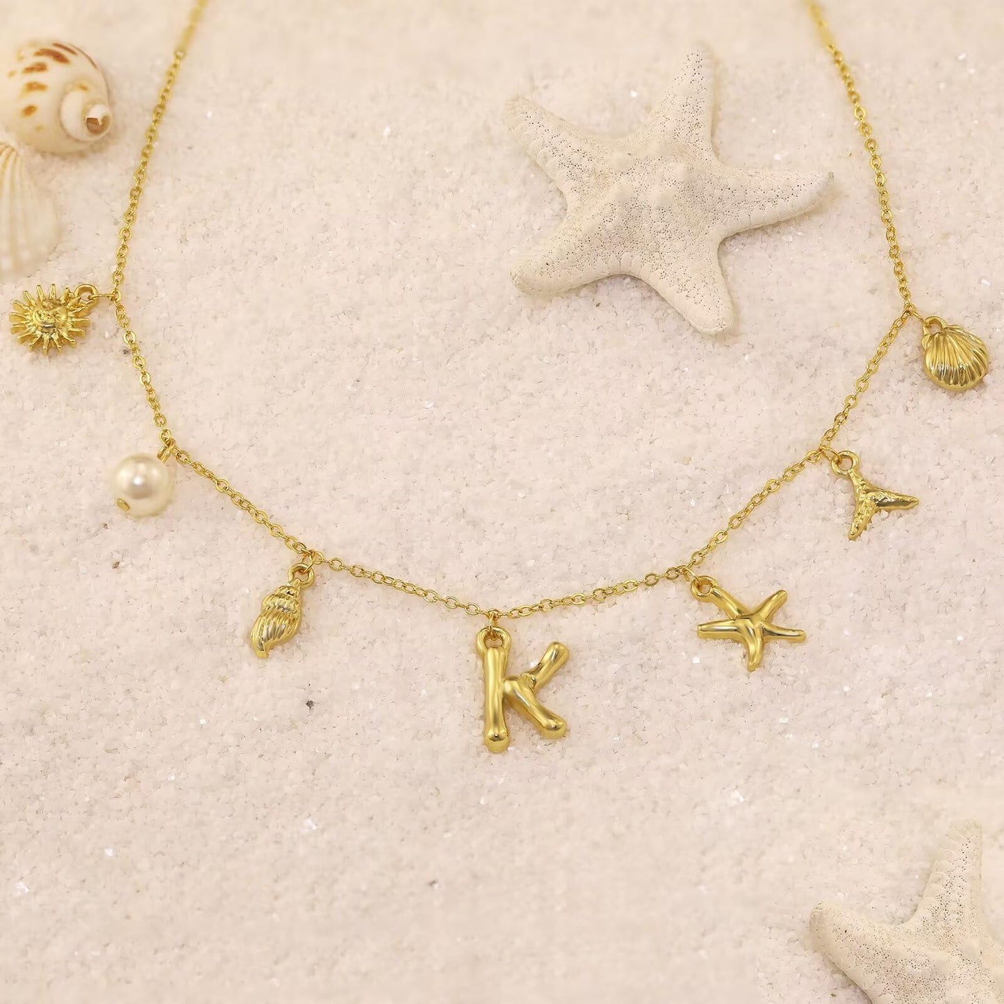 JALZEMPL Initial Charm Necklace For Women Shell Seashell Summer Beach Letter 14K Gold Plated Pendant Starfish Surfer Boho Jewelry Gifts (E)