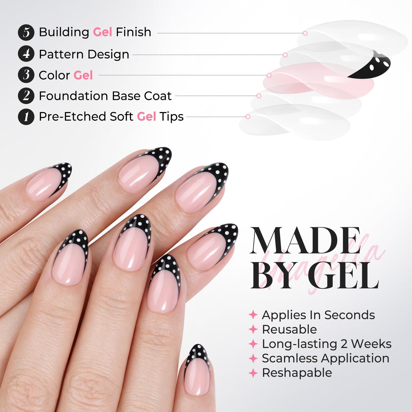 UNA GELLA 32Pcs Soft Gel Press on Nails - 16 Sizes Polka Dot French Tip Almond Glue on Nails, Reusable Nude False Nails with Black Dots, Full Cover Acrylic Nail Kit for Women DIY Home Manicure