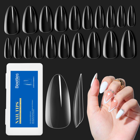 Beetles Gel Almond Medium Nail Tips Clear, 500Pcs 10 Sizes Pre-Shaped Full Cover Soft Acrylic False Nail Tips Almond Shape Easy DIY Press On Fake Nail Extension Salon Gift for Women