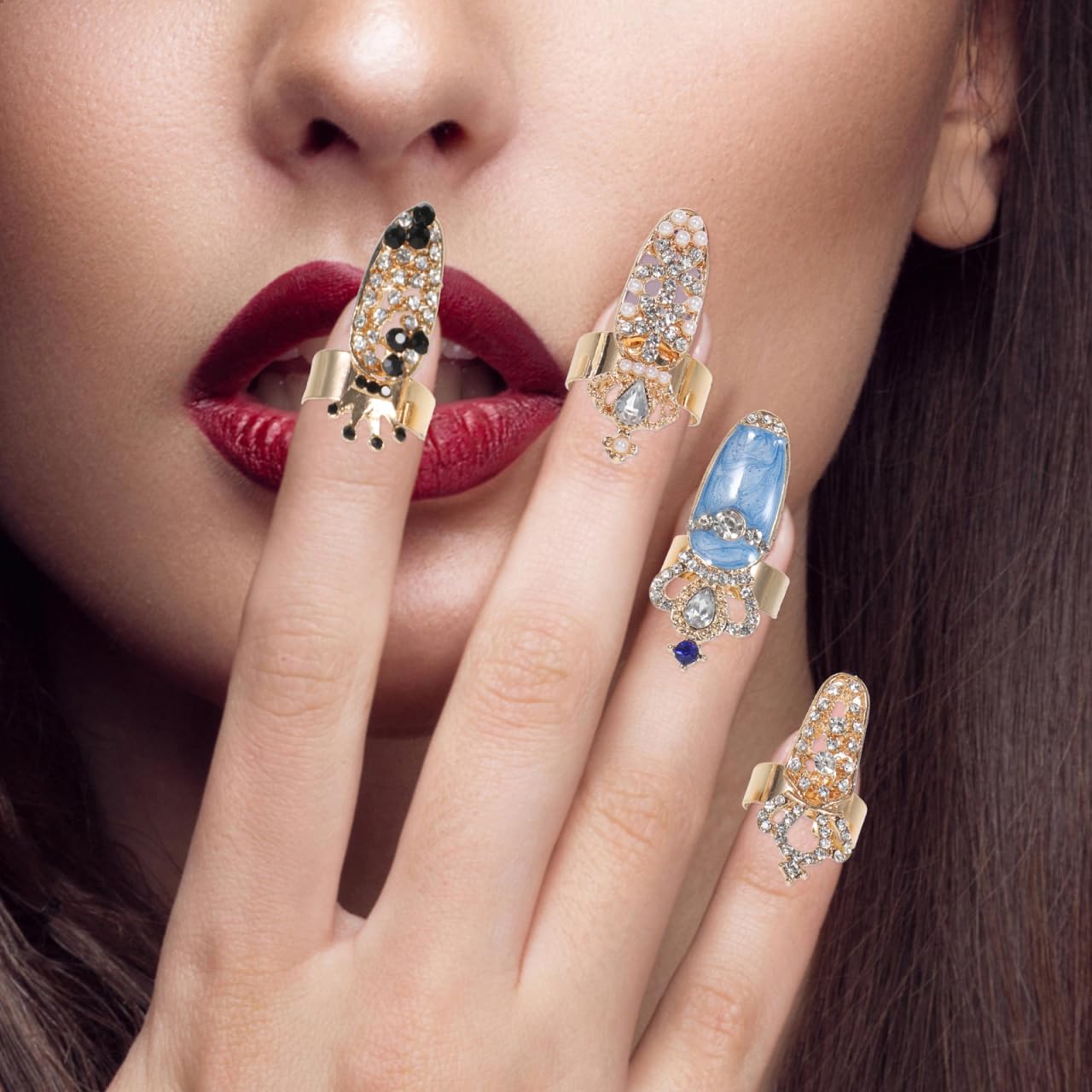 KALLORY 10pcs Ring Punk Full Finger for Flower Crystal Rings Nails Art Jewelries Opening Cap Fingernail Alloy Cover Halloween Christmas Nail Loop Girls Bow Tip Decoration