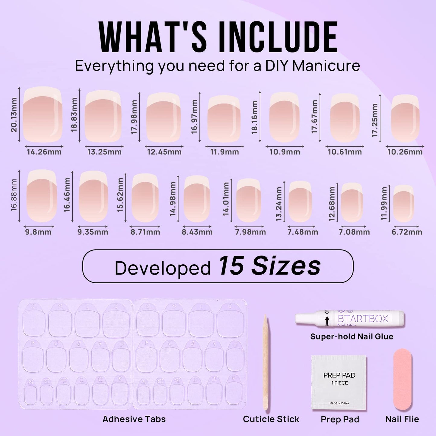 Press On Nails Short - Made by Soft Gel Light Weight & Fit Perfectly, BTArtbox Netural French Nails and White Fake Nail with Nail Glue, Stick On Nails in 15 Sizes - French Girl & Cream Puff