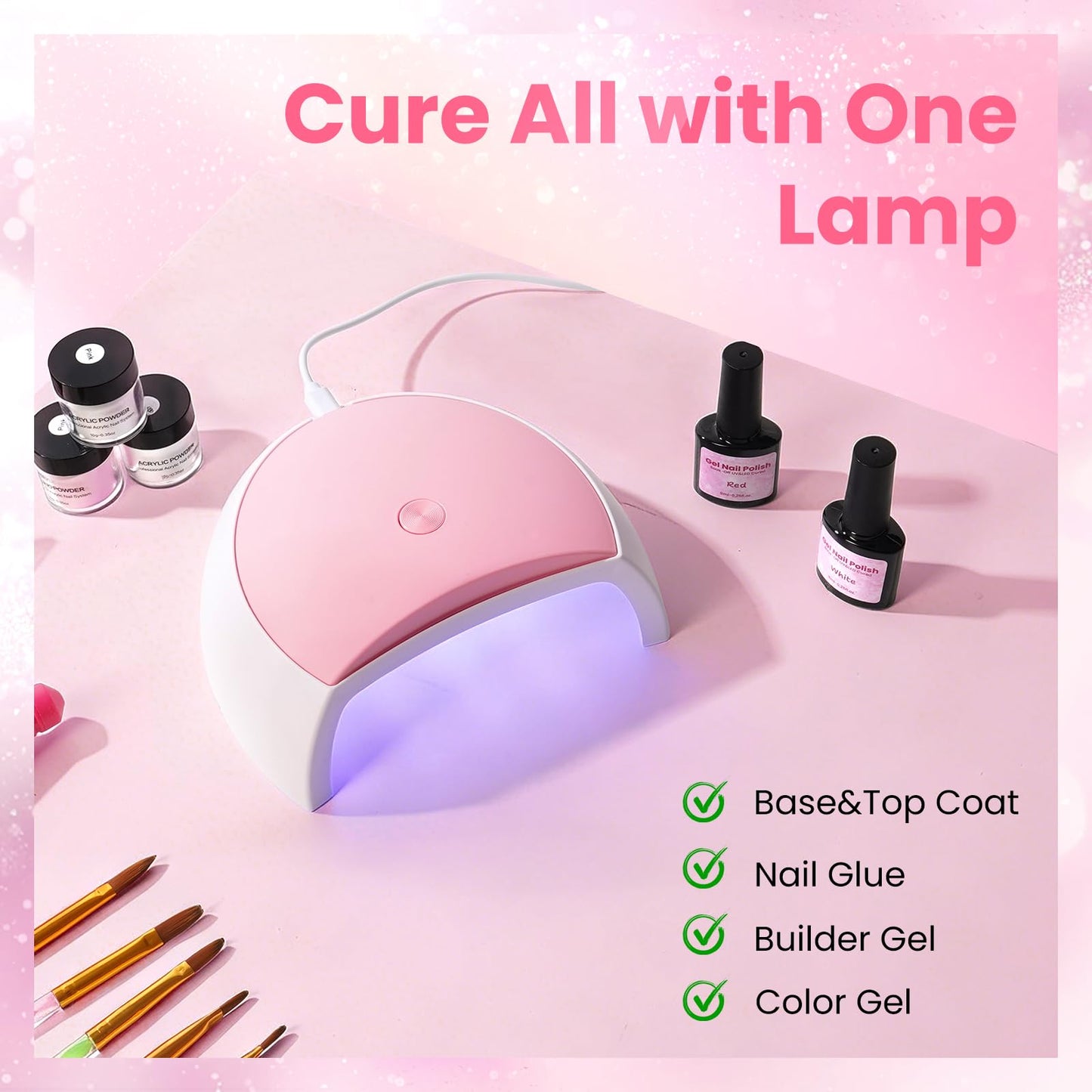 Nail Kit for Beginners with Everything: Professional Acrylic Powder Liquid Set with Drill U V Light Practice Finger in Cosmetic Bag for Women Salon Home (Double-Layer Pink)