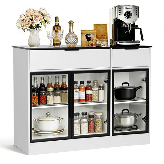 Ntufrest Buffet Cabinet with Drawers, Buffet Storage Cabinet with Transparent Glass Doors, Kitchen Supplies Storage Cabinet, Wooden Coffee Bar Table for Dining Room,Living Room Entrance, White