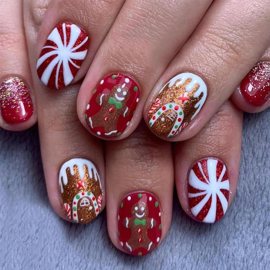 Christmas Press On Nails Short Square Fake Nails Christmas Red Nails Press ons with Gingerbread Man Designs Winter Holiday False Nails Acrylic Nails Glossy Full Cover Stick On Nails for Women
