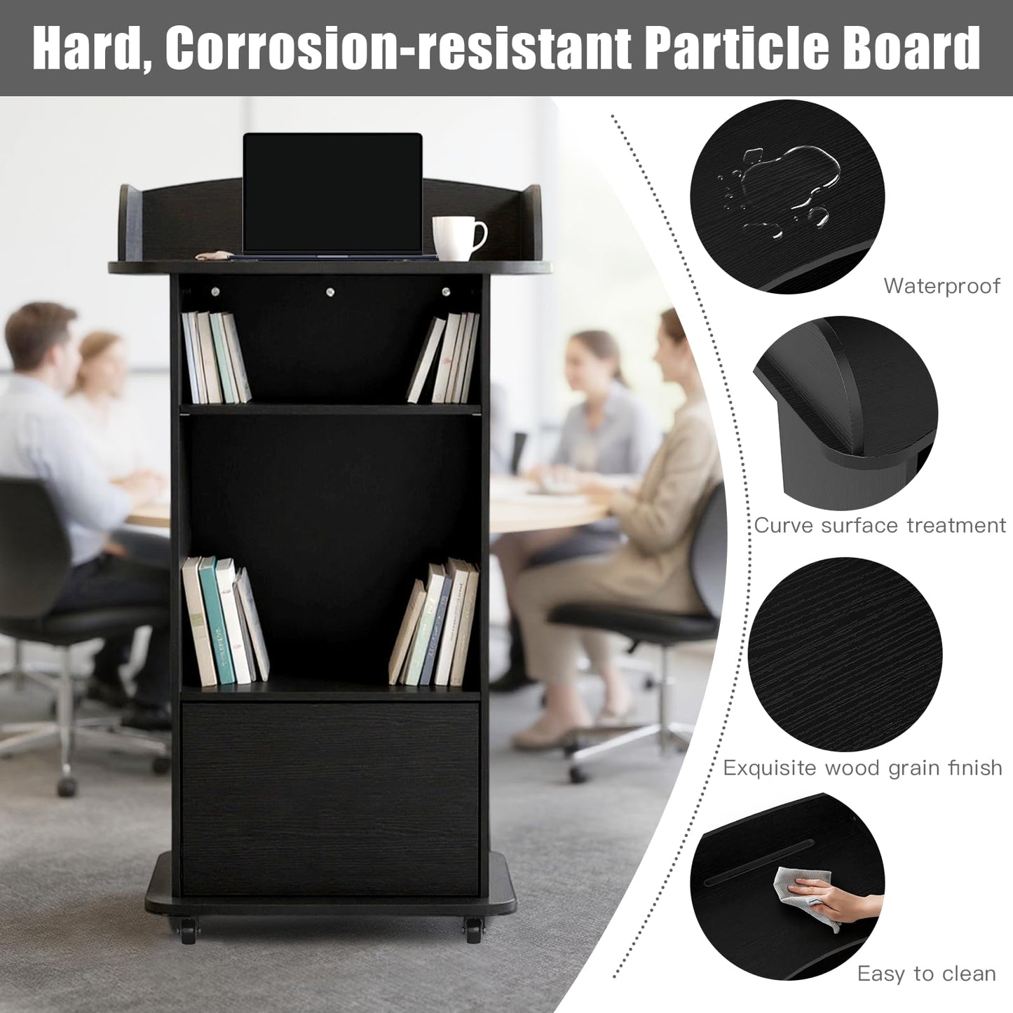 Podium Stand Portable with Wheels, Classroom Lectern for Teacher with Adjustable Storage Shelf, Mobile Rolling Church Pulpits, Office Wooden Reception Desk, Host Stand for School Conference（Black）