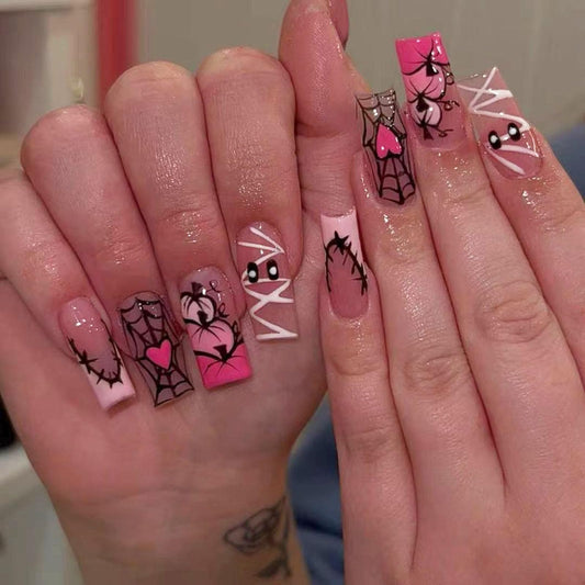 IMRAIN Halloween Press on Nails Long Square Fake Nail Pink French Tips False Nails Full Cover Glossy Glue on Nails for Women Manicure Decor