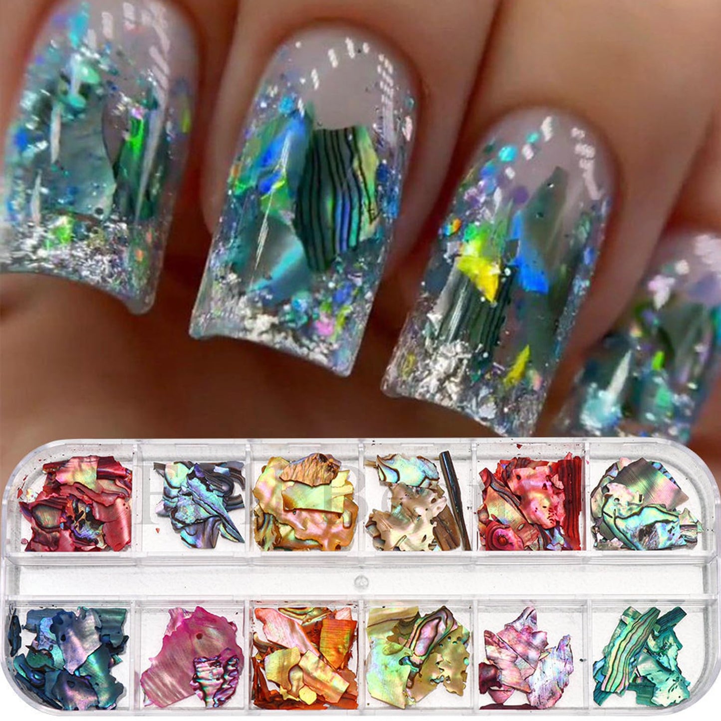 12Grids Nail Art Aurora Abalone Shell Flakes, Shiny Irregular Sea Shell 3D Charms Summer Slices Holographic Nail Art Sequins Natural Sea Shells Nail Glitters Manicure Paillette Tip Decor Accessories