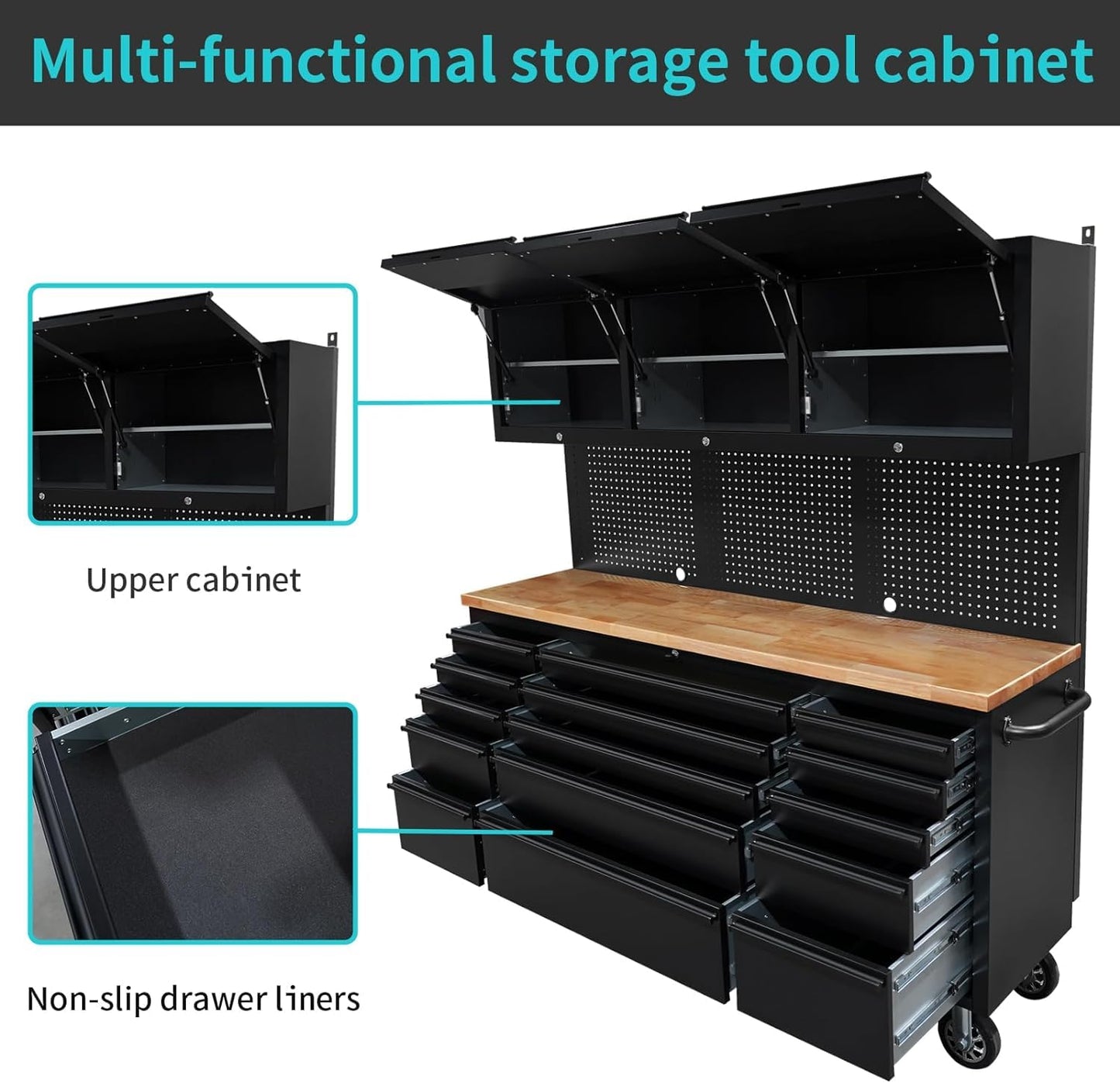CHETTO C 72 inch Tool Chest Tool Box Mobile 15 Drawers Storage 3 Upper Cabinets SS-Pegboard Rolling Cabinet with Wheels Lock Key Locking System Drawer Liners for Garage Warehouse Repair Shop Black