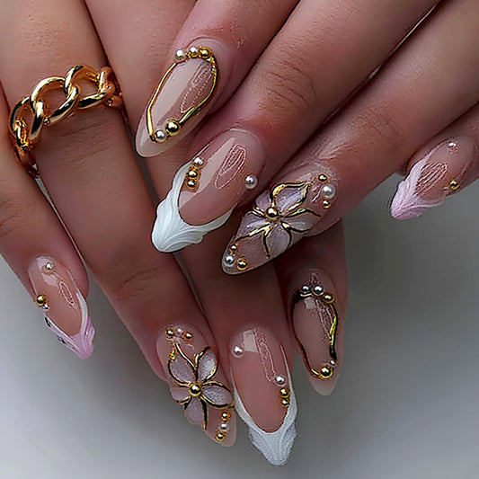 Flower Press On Nails Medium Almond Spring Fake Nails With 3D Flower Pearls Design French Nail Press Ons Gold Hollow-Out Pink Stick On Nails Glossy Summer Acrylic Glue On Nails For Women 24Pcs