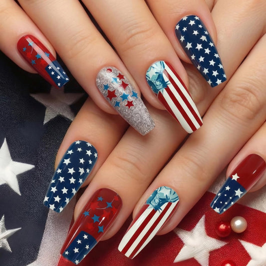 CJDLTS Independence Day Press on Nails Medium Ballet Artificial Fingernails Statue of Liberty Red White Lines with Color Stars Fake Nails 4th of July Reusable Stick on Nail for Women Holiday Manicure