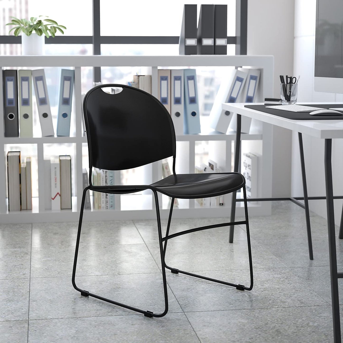 Flash Furniture Hercules Series Ultra-Compact Plastic Stacking Event/Waiting Room Chairs, Ergonomic Lobby Chairs with Contoured Seats, Set of 5, Black