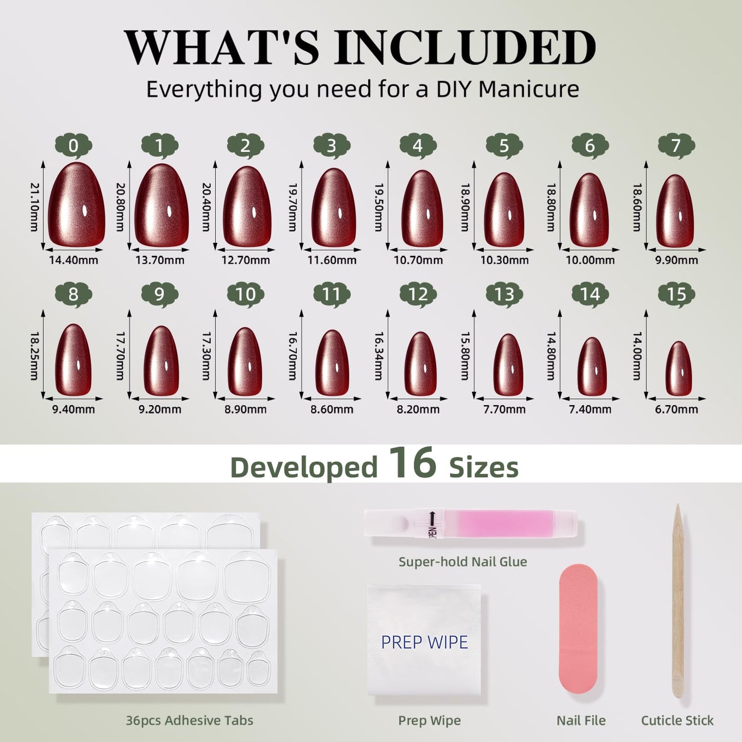 Red Cat Eye Press On Nails - Burgundy Short Almond Fake Nails, Dark Red Press On Nails Reusable Stick On Nails in 16 Sizes, 32pcs False Nail Kit for Women & Girls (Wine Chrome)