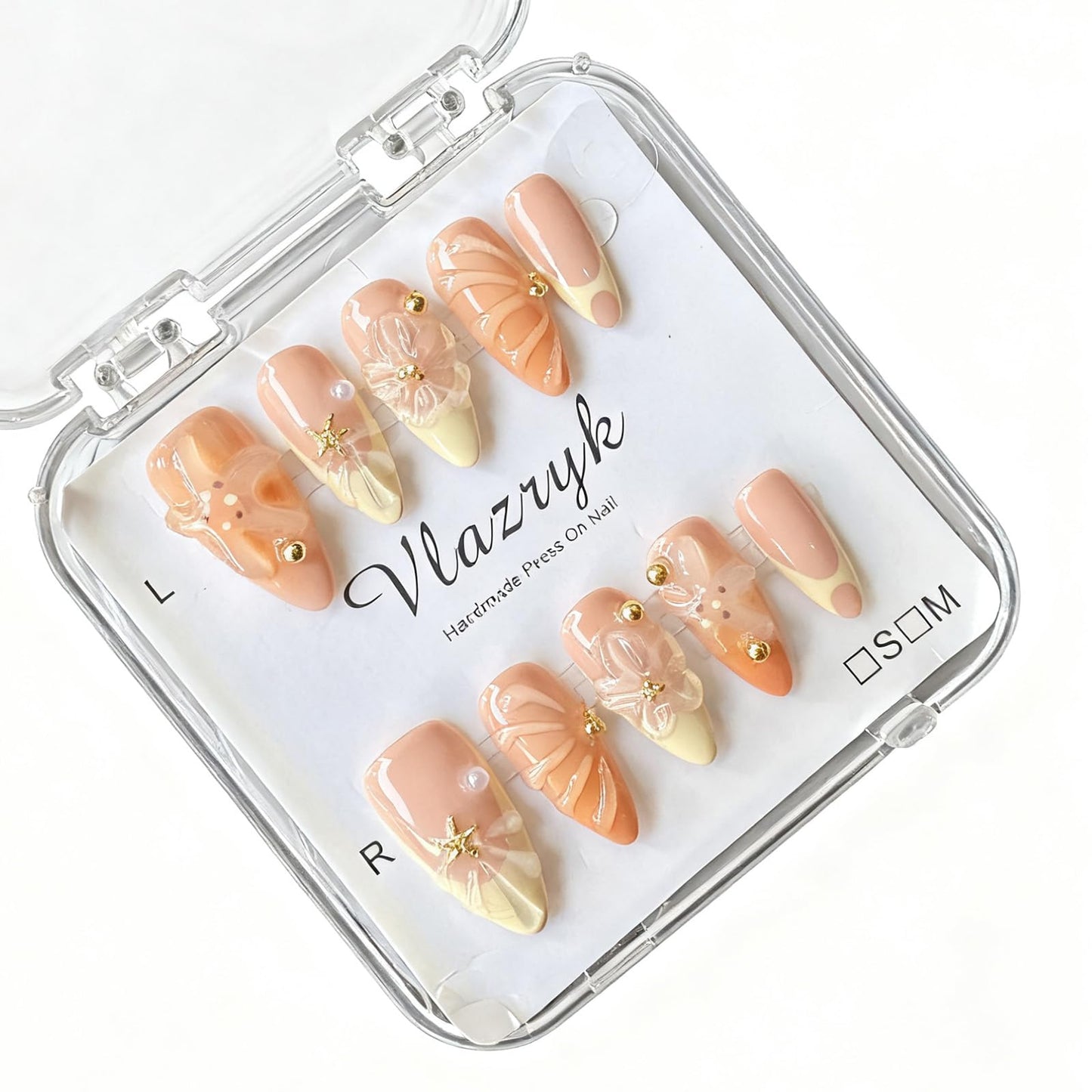 Handmade Press On Nails, Medium Almond Fake Nails with 3D Flowers & Metal Charms, Reusable Full Cover Acrylic Nails,Luxury Orange-Yellow Gradient French Tips for Women.(10PCS，M)