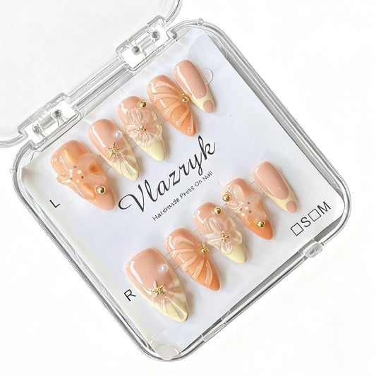 Handmade Press On Nails, Medium Almond Fake Nails with 3D Flowers & Metal Charms, Reusable Full Cover Acrylic Nails,Luxury Orange-Yellow Gradient French Tips for Women.(10PCS Size S)