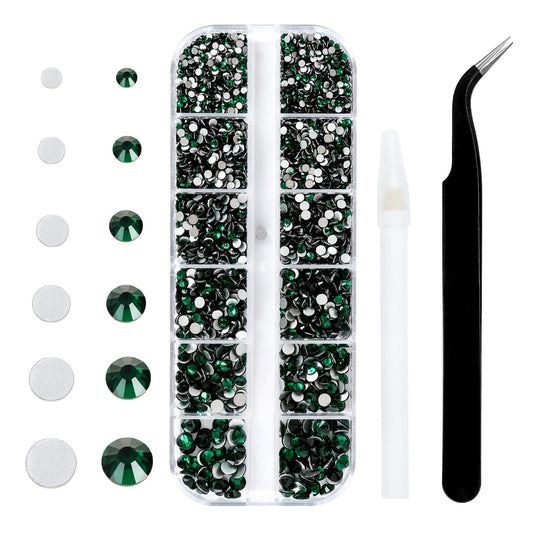 Meibite Green Glass Flatback Rhinestones for Nails, Crafts & Clothes – 4240PCS 6 Sizes (SS6–SS20) Crystal Gems Kit with Tweezers & Picker, Non Hotfix DIY Rhinestones for Tumblers, Shoes, Nail Art