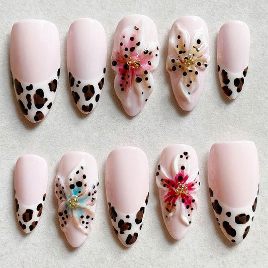 TBRZTR 30Pcs Flower Press on Nails Medium Artificial Almond Acrylic Fake Nails French Leopard Print 3D Floral with Gold Beads Stick on Nail Full Cover Reusable Coffin Artificial Fingernails for Women