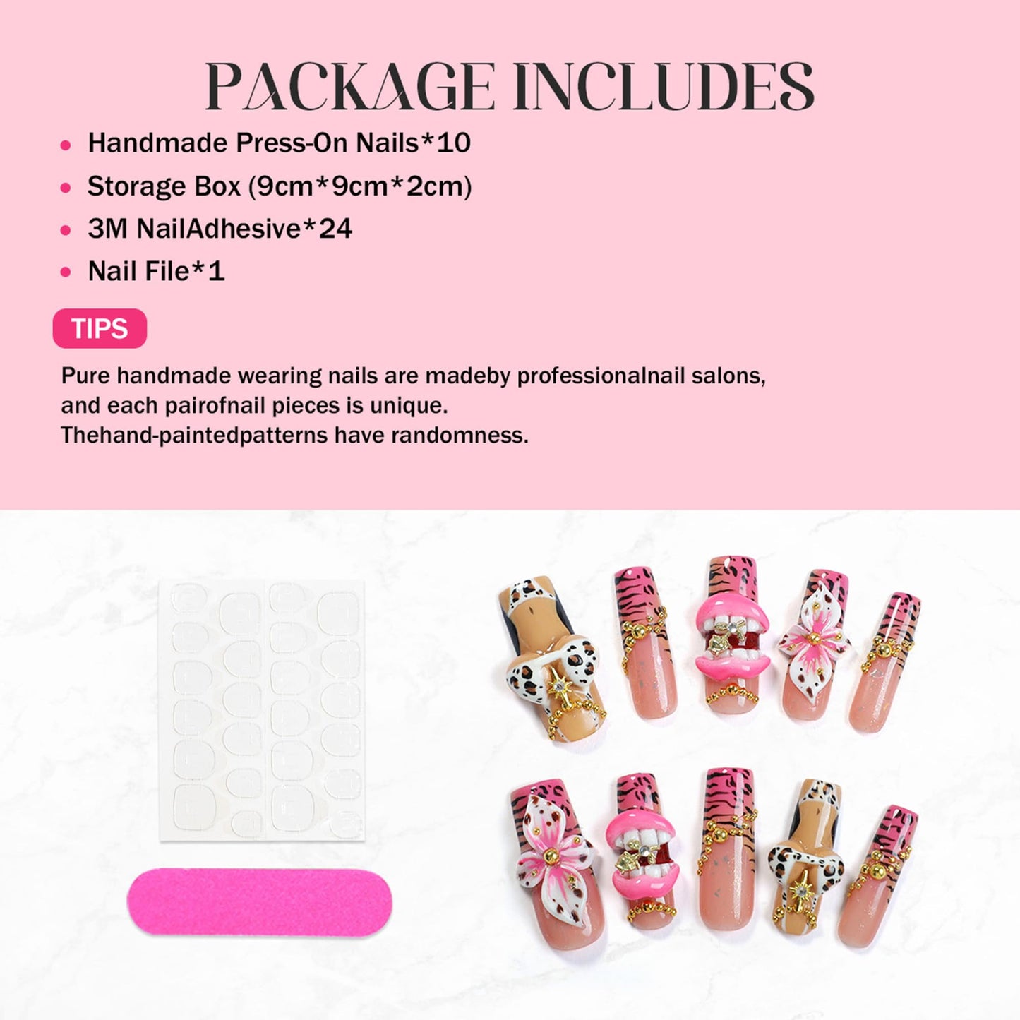 Handmade Press on Nails Long Square Fake Nails Leopard Print French Tip False Nails with Charms Pink 3D Lips Designs Acrylic Press Ons Luxury Reusable Glue on Nail for Women DIY 10Pcs (Size M)