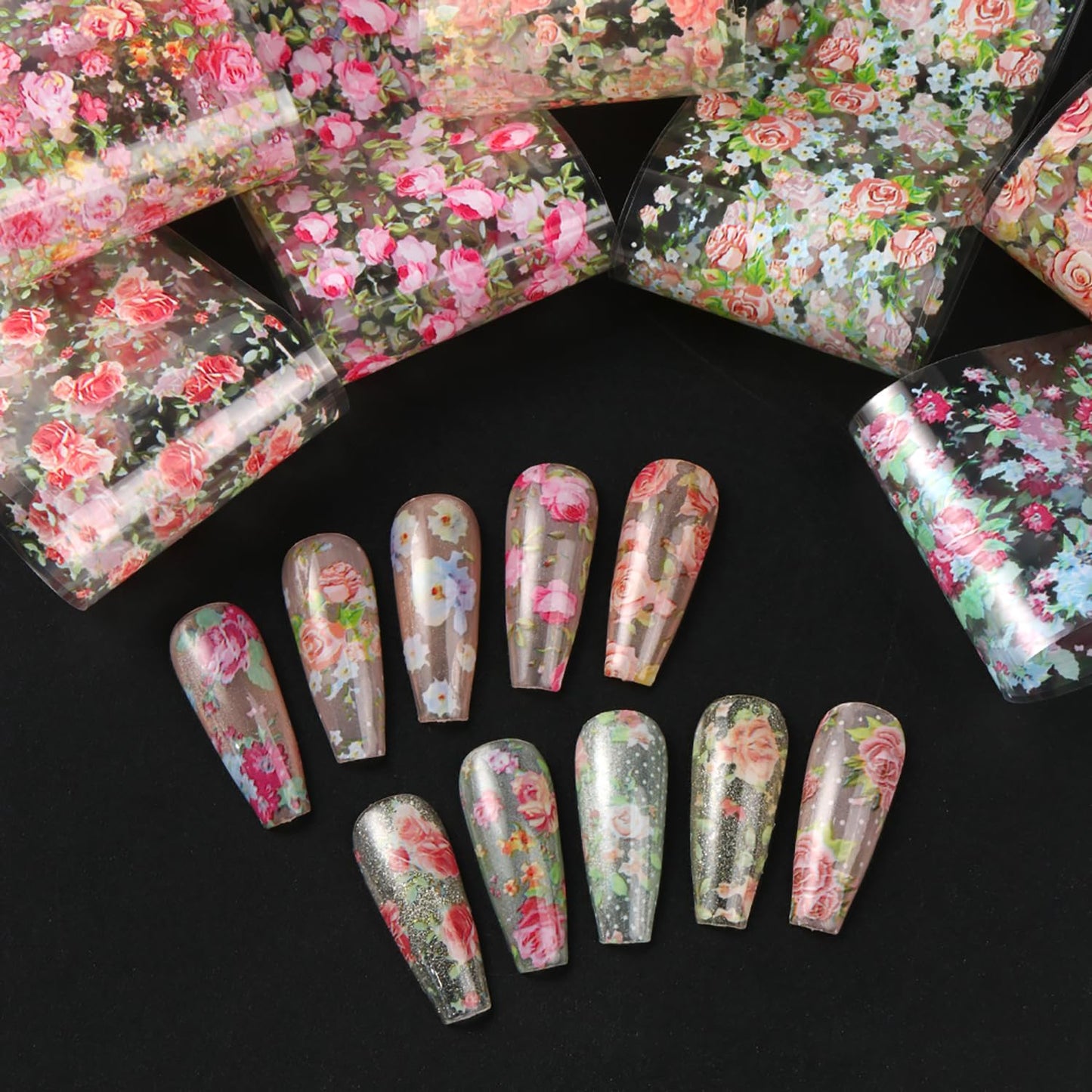 10 Rolls Flower Nail Foil Transfer Stickers Spring Flowers Nail Art Foil Decals Cute Floral Nail Art Supplies Decoration Summer Nail Transfer Foil Stickers for Women DIY Manicure Accessories