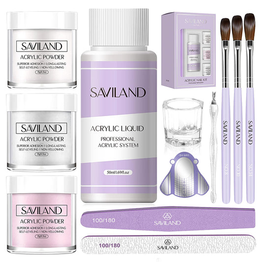 SAVILAND Acrylic Nail Kit Starter Set: Acrylic Nail Kit for Beginners with Everything White Pink Clear Acrylics Powder and Liquid Set #8/10/14 Nail Brush Forms Manicure Tools Home Nail Salon DIY