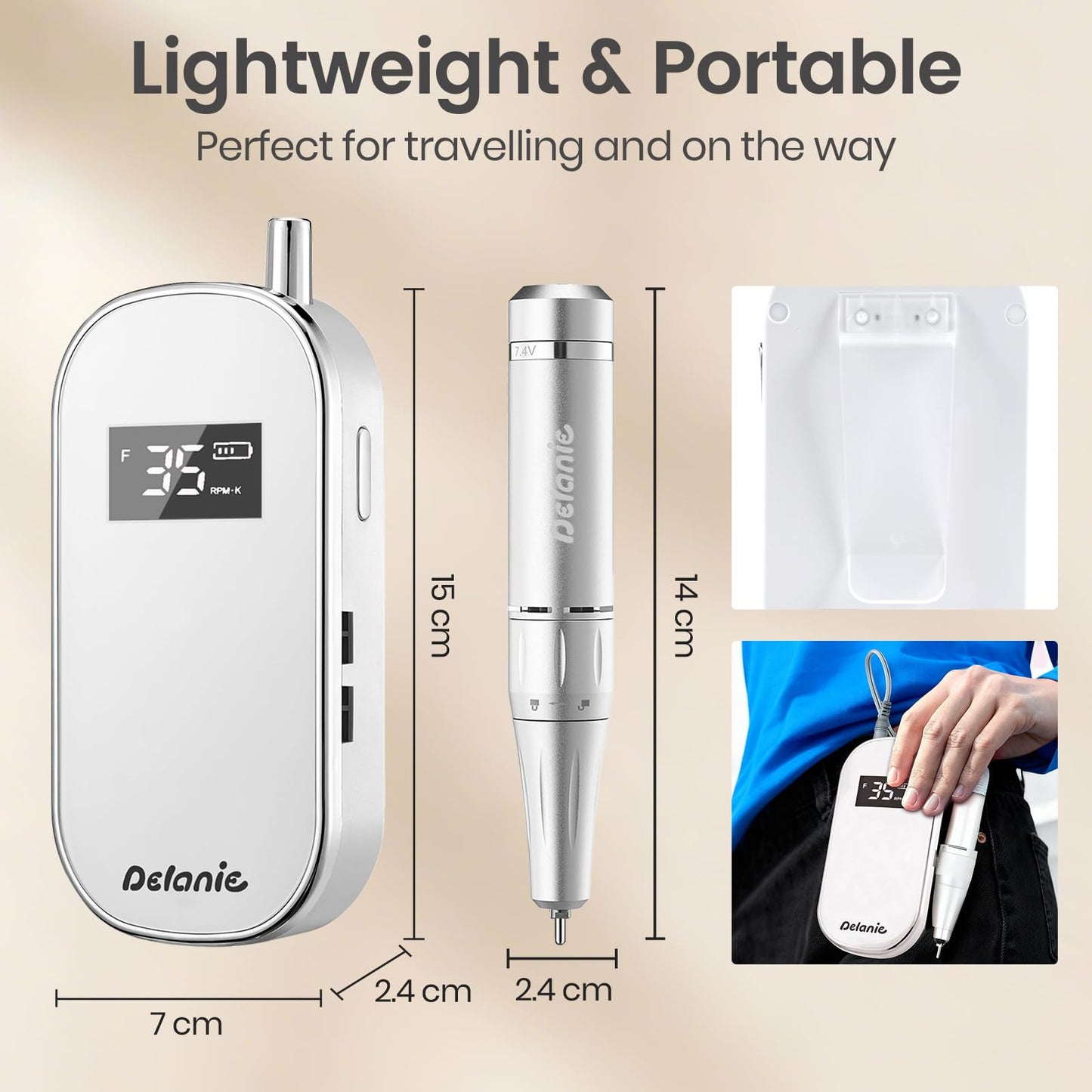 Delanie Electric Nail Drill 35000 RPM, Portable E File for Nails Professional with Belt Clip, Rechargeable Electric Nail File for Acrylic and Gel Nails, Efile Nail Machine with bits kit for Manicure