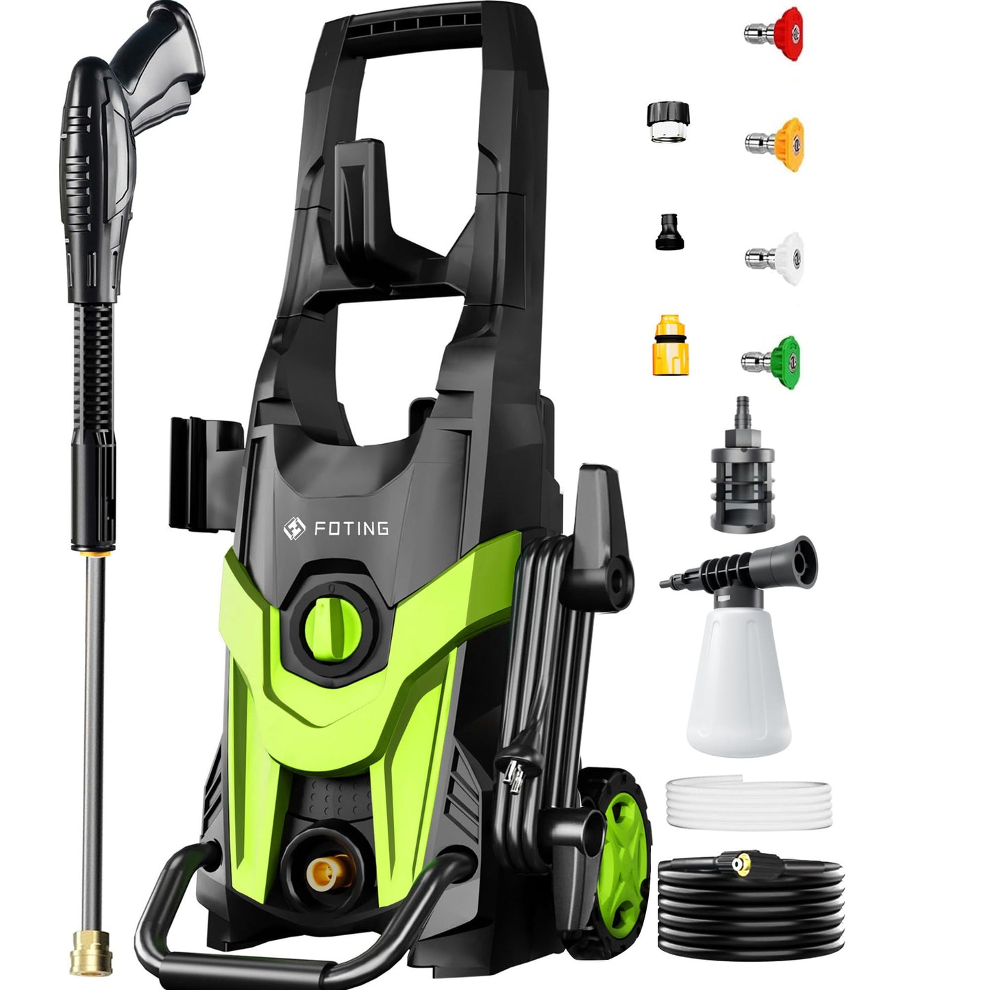 Power waher 4300PSI with 4 Quick Connect Nozzles, Inlet Hose & Filter& Foam Cannon for Cars/Fences/Driveways/Home Cleaning, Green