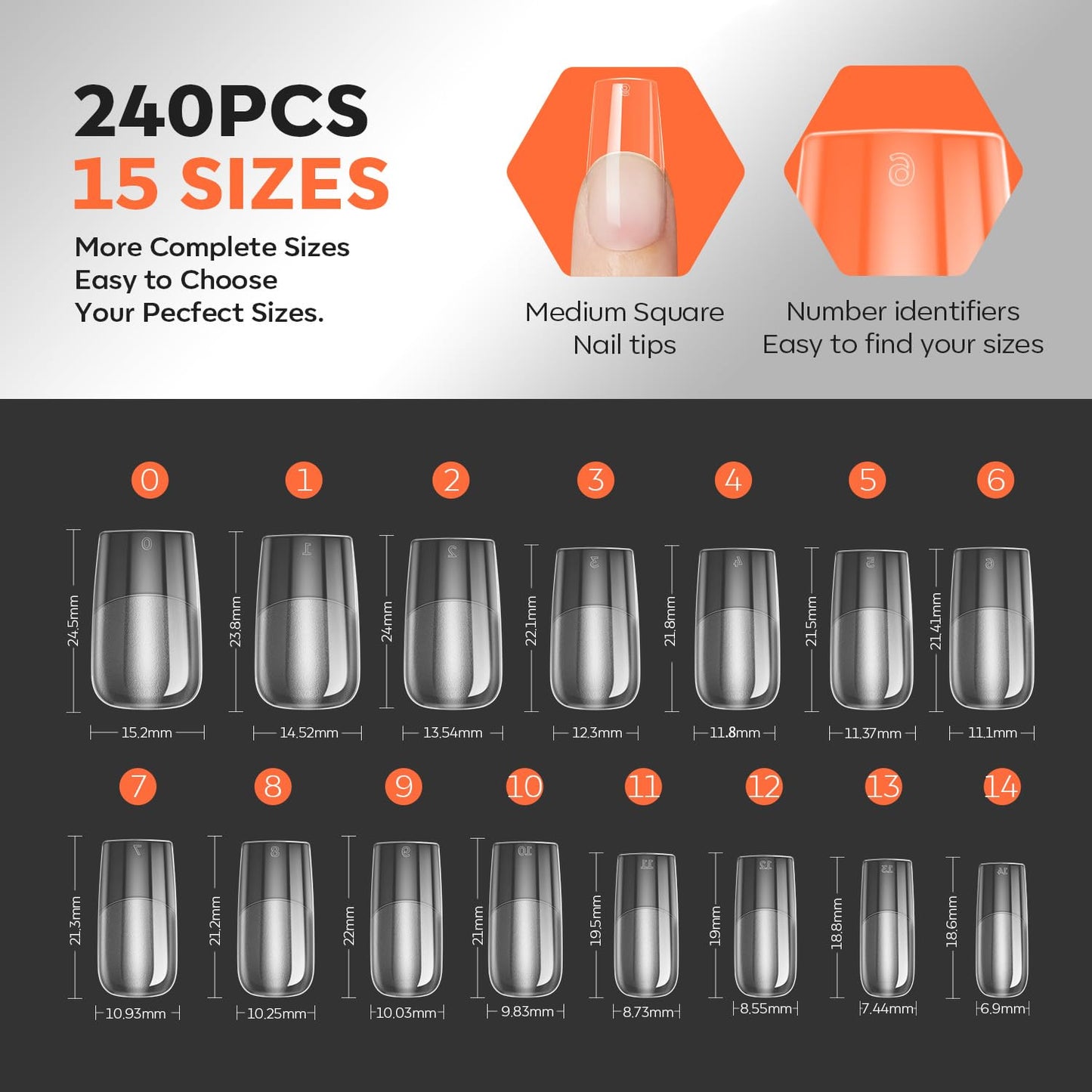 modelones Pro Luxe Instant Nail Apex Tips 15 Sizes, Medium Square Extension Gel Tips Pre-building & Pre-etched Thicker Strength Acrylic Fake Nails Full Cover 240 Pcs