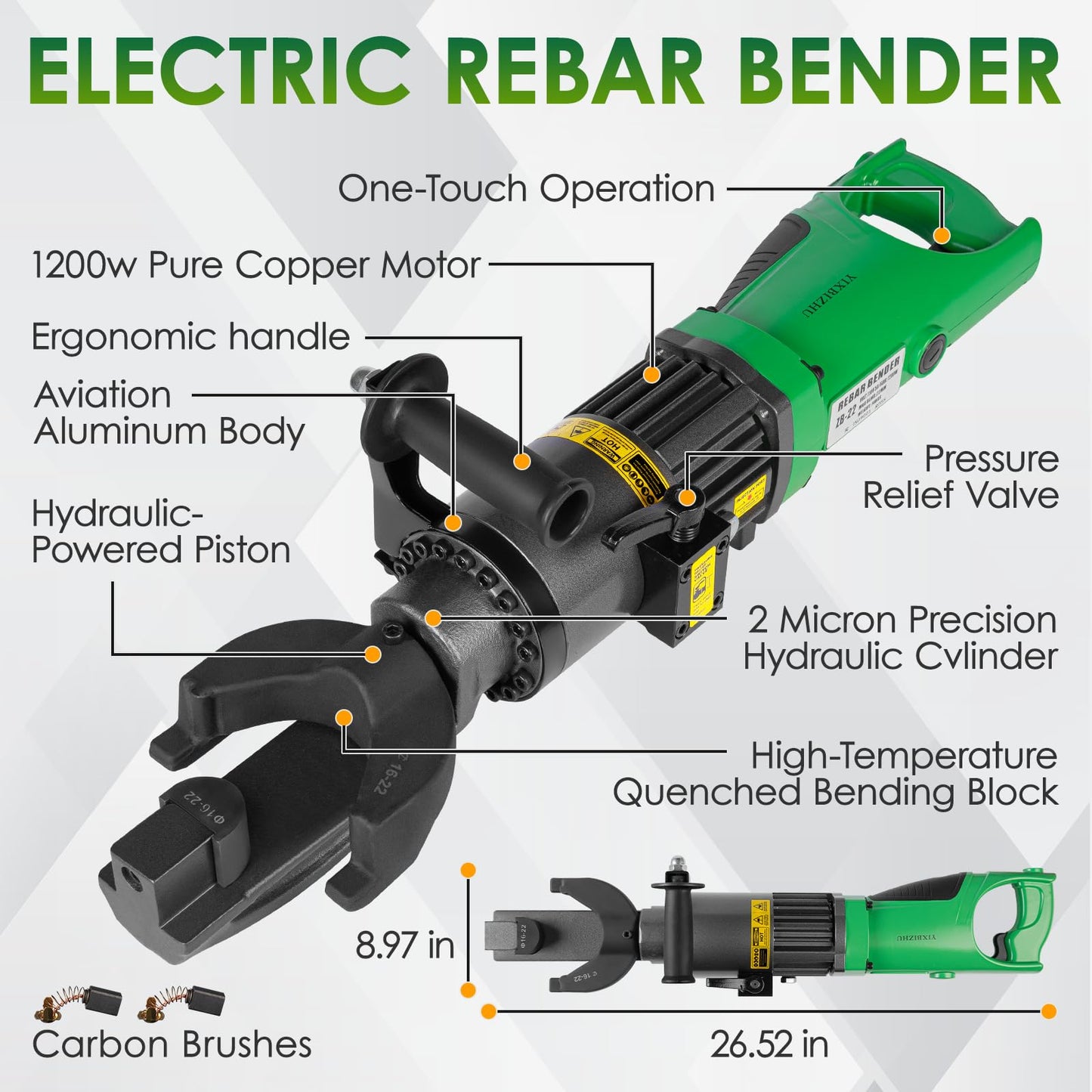 YIXBIZHU 1100W Electric Hydraulic Rebar Bender, 3s Bends for #4–#7 (8–22mm), 0–130° Angle, Lightweight Aviation Aluminum Frame, 110V Rebar Tool for Jobsite, Workshop & Concrete Projects(ZB-22)