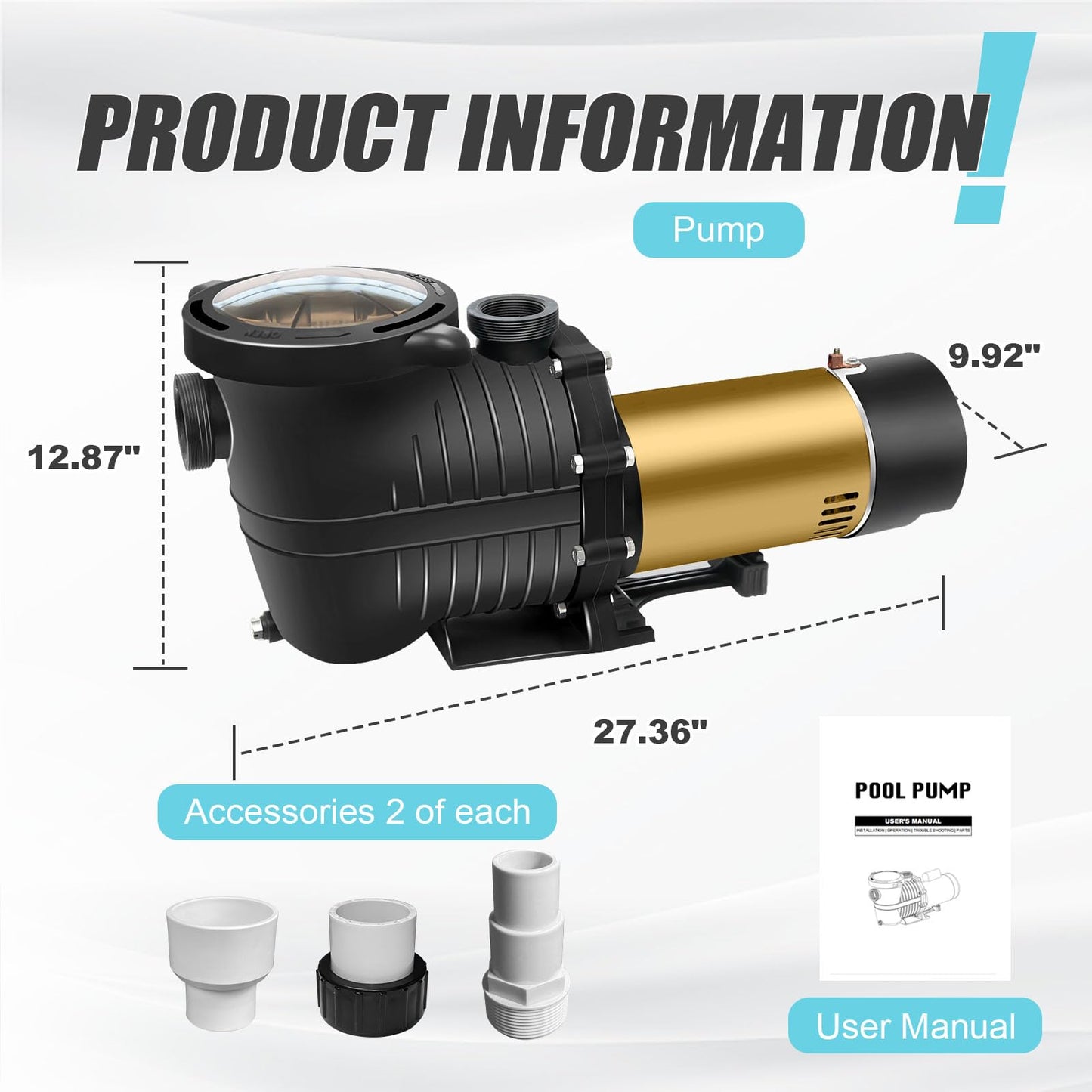 Can be Hardwired Pool Pump, 2.0HP Dual Voltage 115/230V In/Above Ground Pool Pump, 6840GPH Self-priming Swimming Pool Water Circulation Pumps with 1.25" & 1.5" & 2.0" Unions