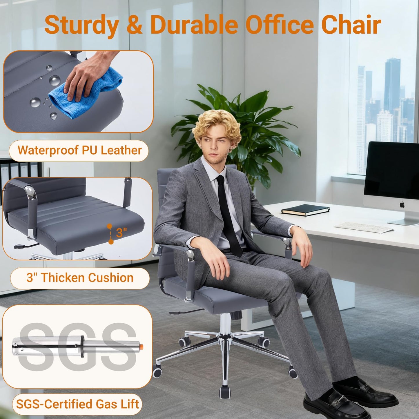 Sidanli Executive Desk Chair, Ergonomic PU Leather Conference Chair with Adjustable Lumbar Support and Rolling Wheels for Home Office Game Room, Mid Back, Gray